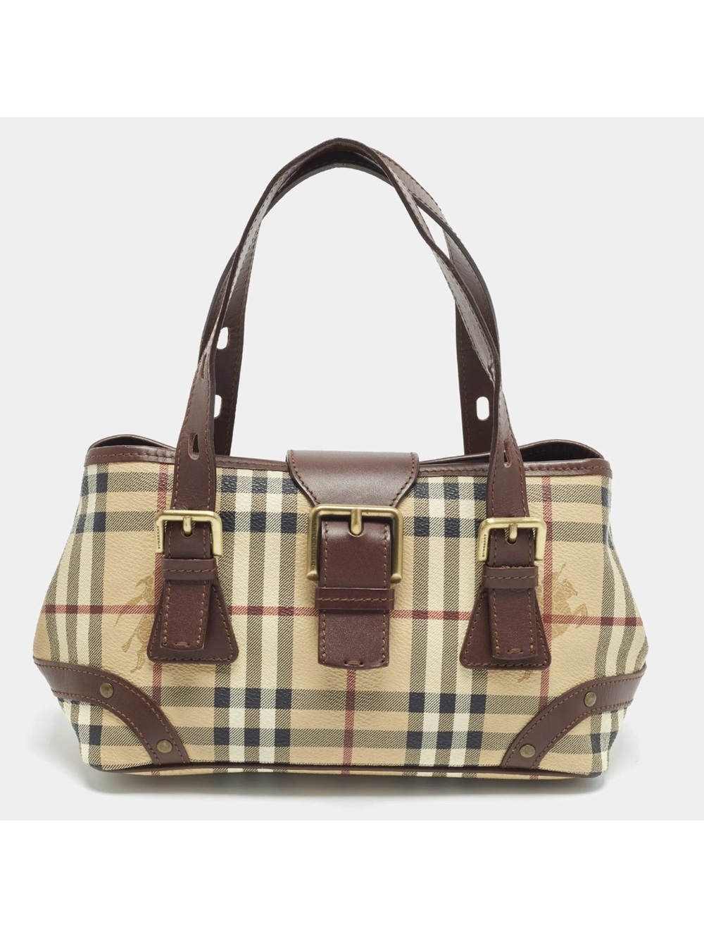 Burberry Beige Plaid Shoulder Bag with Brown Leather Trim